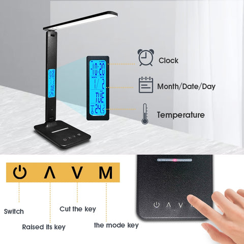 10W QI Wireless Charging LED Desk Lamp With Calendar Temperature Alarm Clock