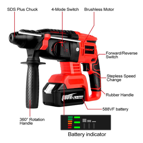 YOFIDRA 2000W Electric Hammer Drill Rechargeable Cordless Handheld 4 Function Power Tool For Makita 18V Battery