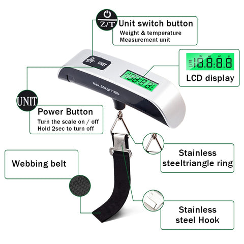 50kg/110lb Portable Electronic Hand Luggage Scale with LCD Digital Display